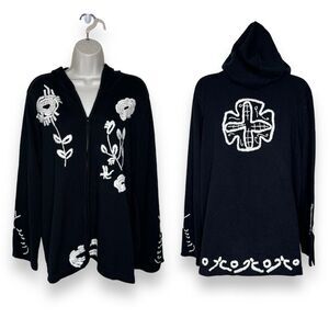 JL Studio Floral Embroidered Full Zip Front Black Hoodie Sweater Women Size 1X